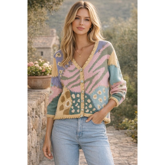 Storybook Knits Sweaters - Storybook Knits Patchwork Spring Themed Cardigan Sweater Ramie Cotton Size Large